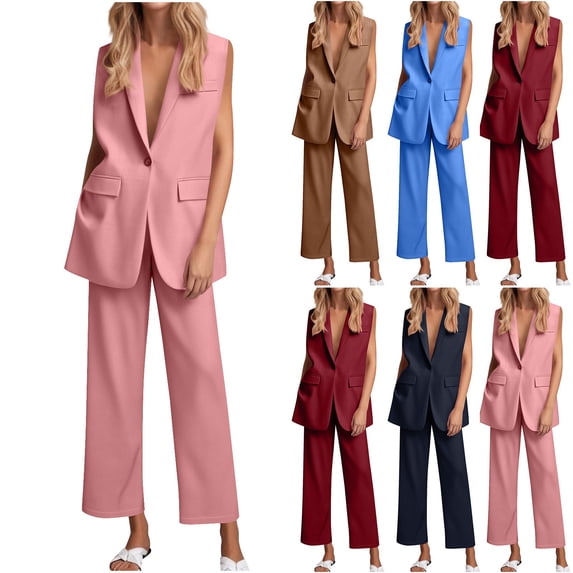 Women's Two Piece Outfit Sets Summer Plus Size Fashion 2026 Two-Piece Sleeveless Suit Vest and Wide Leg Pants Business Casual Suit Set