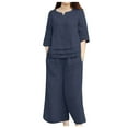 thumbnail image 1 of Women's Two Piece Outfit V-Neck 3/4 Long Sleeve Tops Wide Leg Pants Sets Solid Color Linen Top Capri Trousers Suits (Dark Blue L), 1 of 5
