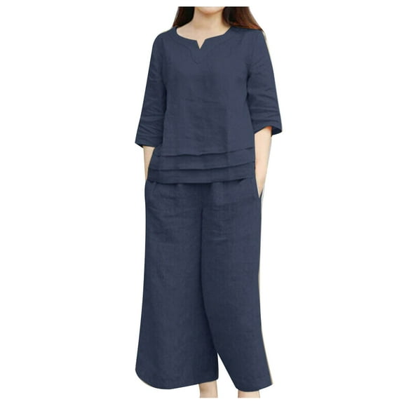 Women's Two Piece Outfit V-Neck 3/4 Long Sleeve Tops Wide Leg Pants Sets Solid Color Linen Top Capri Trousers Suits (Dark Blue M)