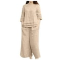 thumbnail image 1 of Women's Two Piece Outfit V-Neck 3/4 Long Sleeve Tops Wide Leg Pants Sets Solid Color Linen Top Capri Trousers Suits (Khaki XL), 1 of 5