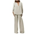 thumbnail image 1 of Women's Two Piece Outfit V-Neck Long Sleeve Tops Wide Leg Pants Sets Solid Color Top Capri Trousers Suits (Beige L), 1 of 6