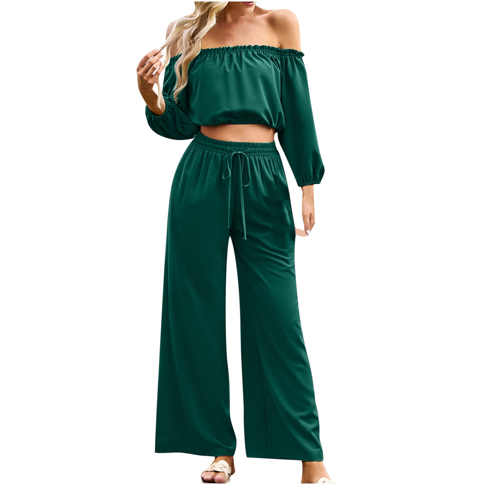 SheIn Women's 2 Piece Pants Outfits One Shoulder Crop Tank Top and
