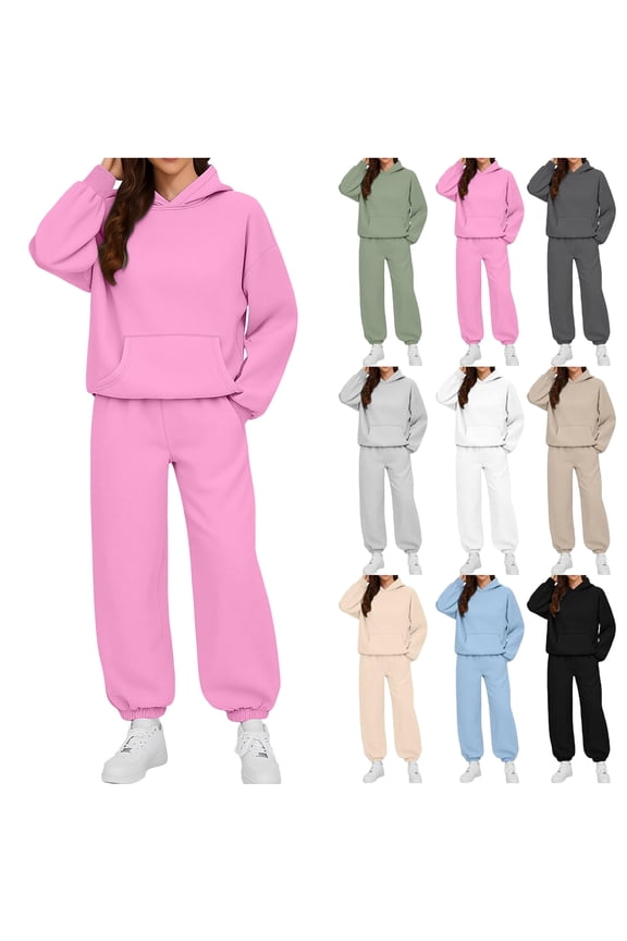 Women's Two Piece Outfits Solid Casual Crew-Neck Long-Sleeved Trousers And Tight-Waist Hoodie Suit Sports Suits