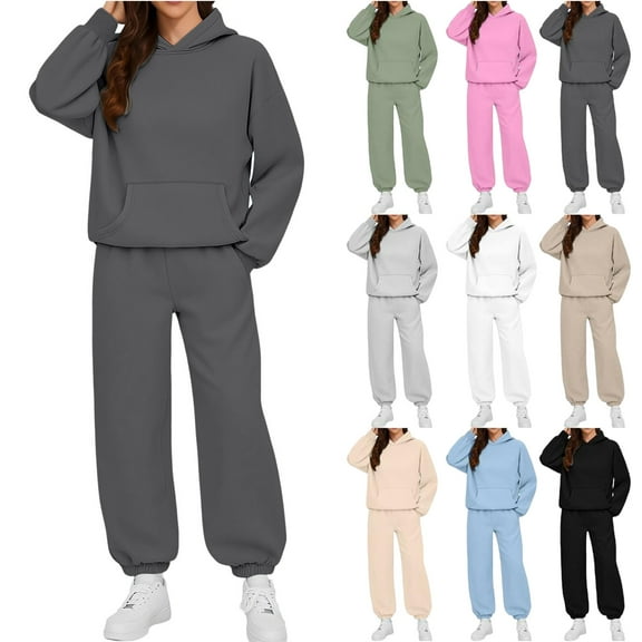 Women's Two Piece Outfits Solid Casual Crew-Neck Long-Sleeved Trousers And Tight-Waist Hoodie Suit Sports Suits