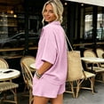 thumbnail image 1 of Women's Two-Piece Outfits Casual Short Sleeve Button Down Shirt And Drawstring Shorts Set Loose Loungewear For Summer, 1 of 9