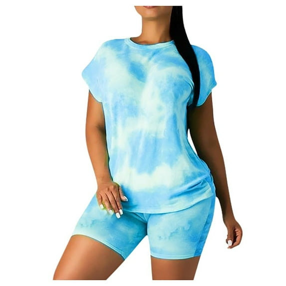 Women's Two Piece Outfits Casual Tie Dye Crewneck Short Sleeve Top and High Waisted Biker Shorts Sets Sweatsuits