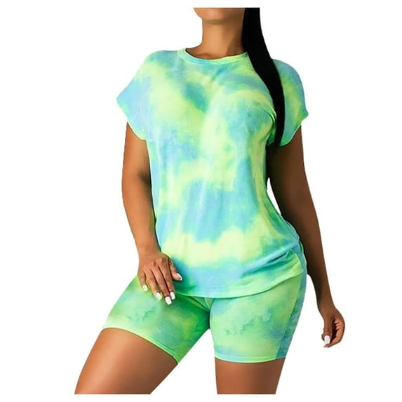 Women's Two Piece Outfits Casual Tie Dye Crewneck Short Sleeve Top and High Waisted Biker Shorts Sets Sweatsuits