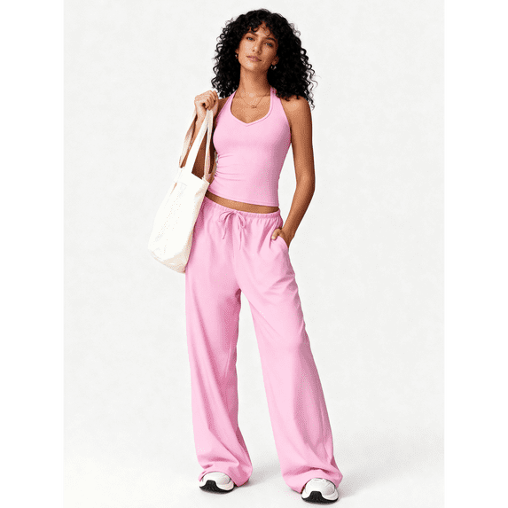 Women’s Two Piece Outfits, Halter Tank Top with Drawstring Wide Leg Lounge Pants