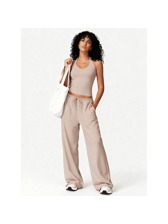 Women’s Two Piece Outfits, Halter Tank Top with Drawstring Wide Leg Lounge Pants