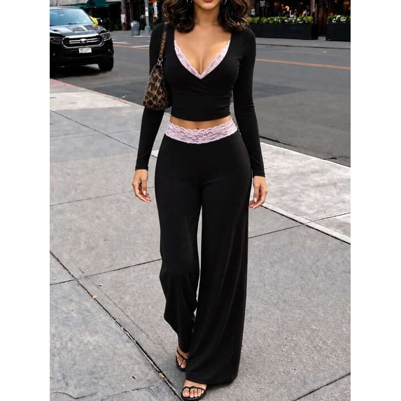 Women's Two-Piece Outfits, Lace Trim V Neck Crop Top and Wide Leg Pants Lounge Set