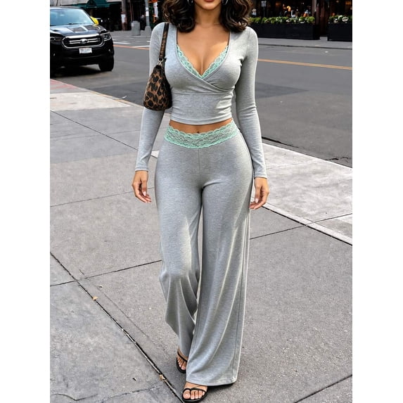 Women's Two-Piece Outfits, Lace Trim V Neck Crop Top and Wide Leg Pants Lounge Set
