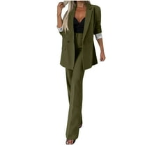 Women's Two Piece Outfits Long Sleeve Button Down Blazer Jacket and Wide Leg Pants Pockets Business Casual Office Suit Sets