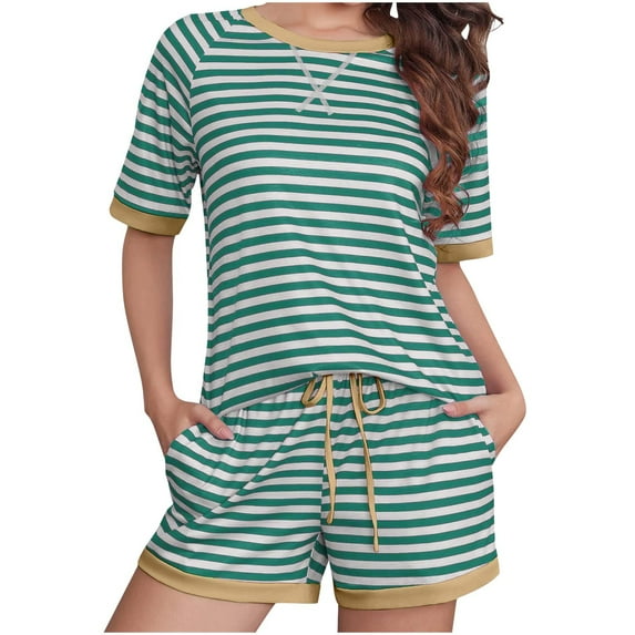 Women's Two Piece Outfits Short Sleeve Striped T-shirt Tops and Shorts Sets Loungewear Summer Trendy Clothes (XL, Army Green)