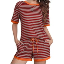 Women's Two Piece Outfits Short Sleeve Striped T-shirt Tops and Shorts Sets Loungewear Summer Trendy Clothes (XL, Red)