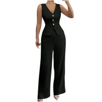 Women's Two Piece Outfits Sleeveless V-Neck Button Down Blazer Vest and Wide Leg Pants Pockets Business Casual Office Suit Sets