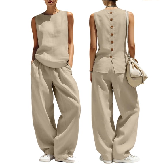 Women's Two Piece Outfits Summer Sleeveless Tops Wide Leg Pants Vacation Matching Set