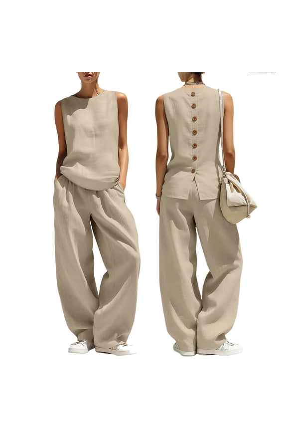 Women's Two Piece Outfits Summer Sleeveless Tops Wide Leg Pants Vacation Matching Set