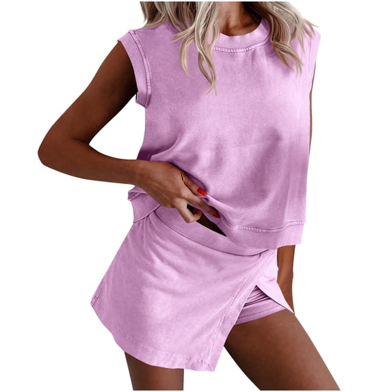 Women's Two Piece Outfits Summer Trendy Casual Suit crew Neck Sleeveless Tank Tops Elastic Waist Skorts (M, Hot Pink)