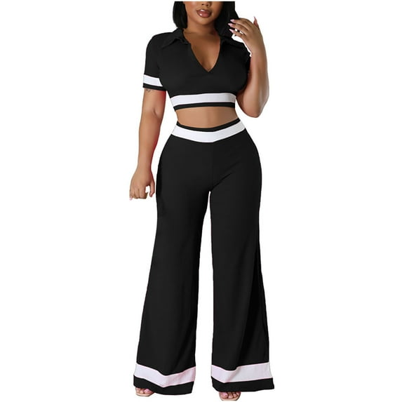 Women's Two Piece Outfits Summer Women Outfits Clothing Set Female V-Neck Short Sleeve Tops Pants Sets Cargo Pant Style S_574 Women's Tracksuits Black L