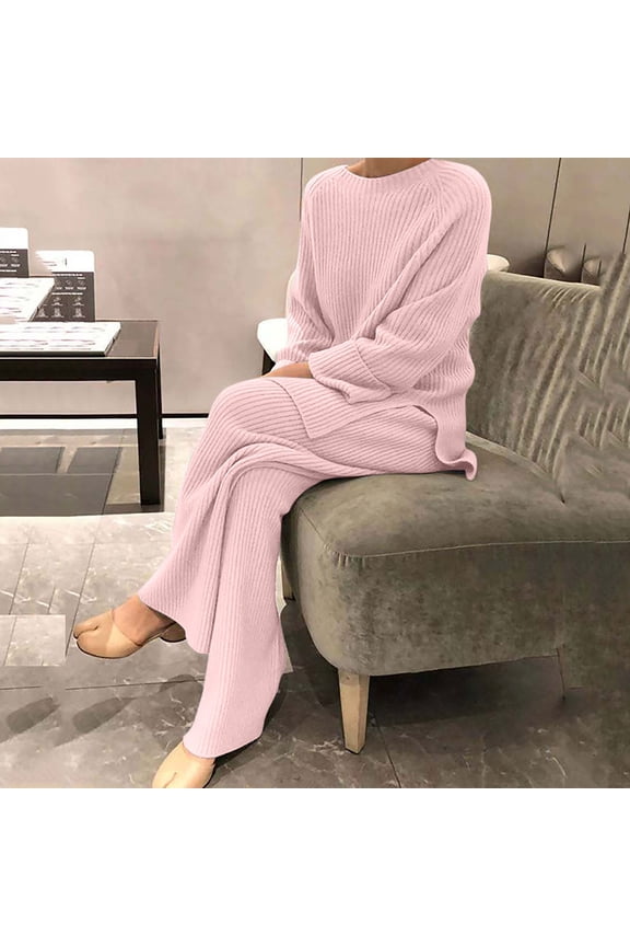 Women's Two Piece Outfits Sweater Sets 2 Piece Long Sleeve Knit Pullover Tops Wide Leg Pants Spring Fall Lounge Sets