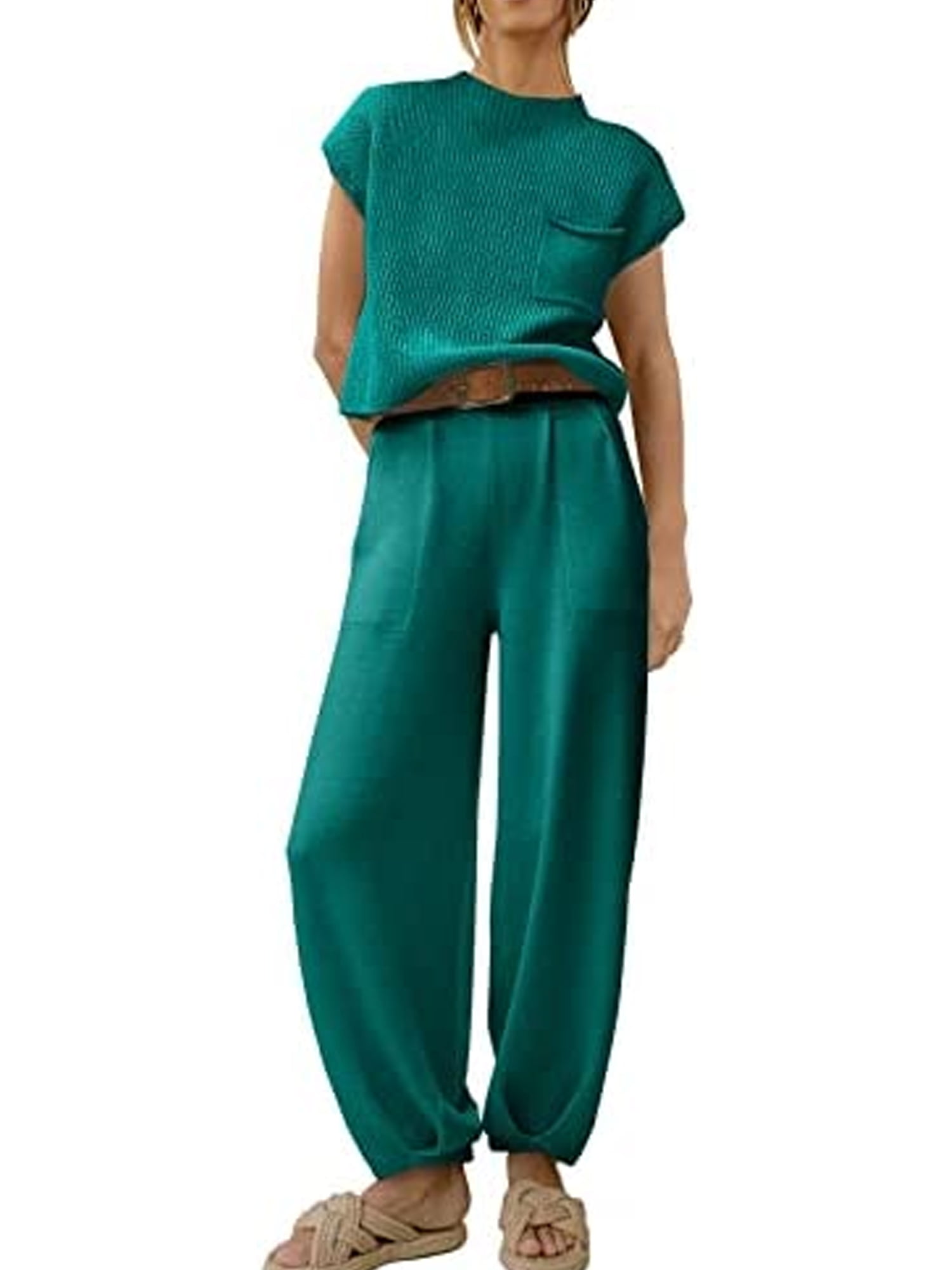 Hotmiss Women's 2-Piece Knit Lounge Set - Sweater Top & High Waist Pants Outfit