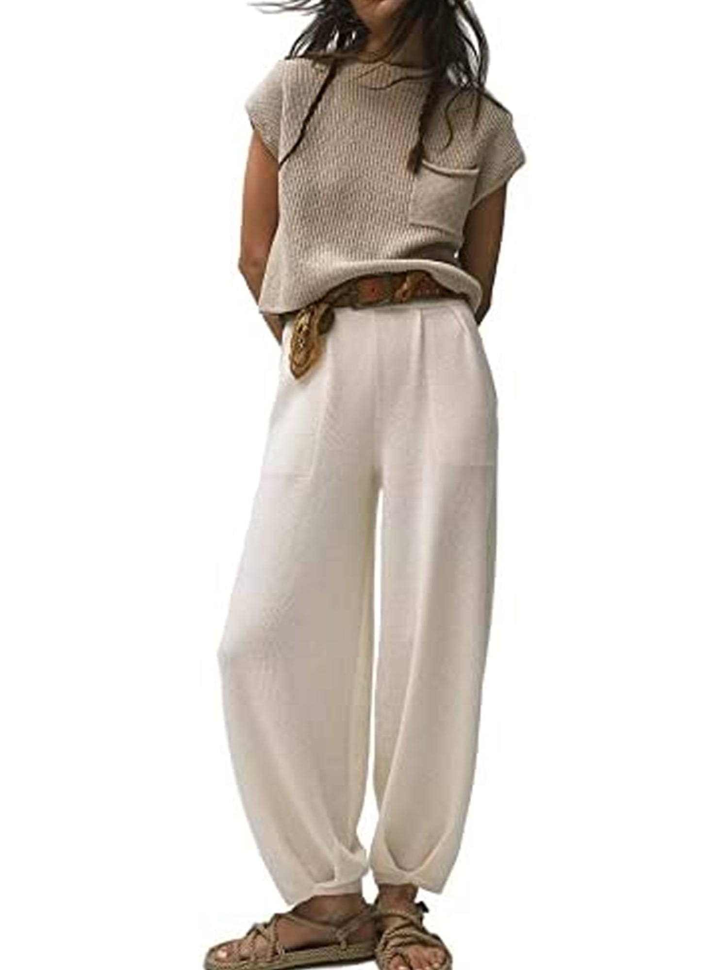 Sweater Sets Women Two Piece Outfits Casual Round Neck Pullover Top Knit  Wide Leg Pants Sweater Lounge Sets Sweatsuit