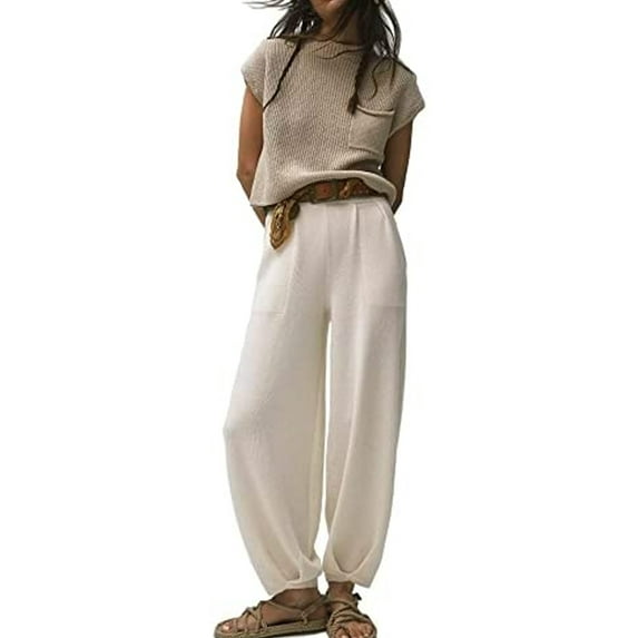 Women's Two Piece Outfits Sweater Sets Knit Pullover Tops and High Waisted Pants Tracksuit Lounge Sets