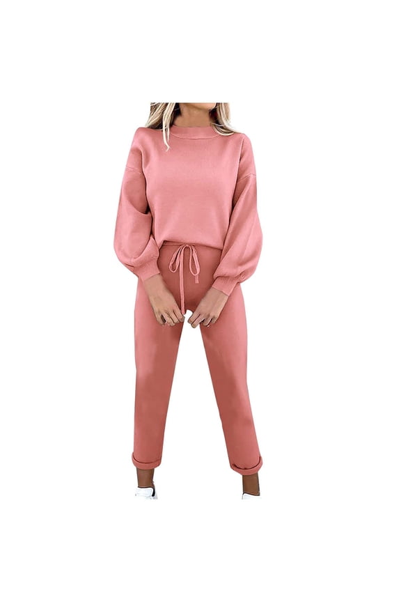 Women's Two Piece Outfits Sweatshirt Set Long Sleeve Solid Color Round-Neck Elastic Waist Pockets Fall Sweatpants Tracksuit Lounge Sets ( 2XL )