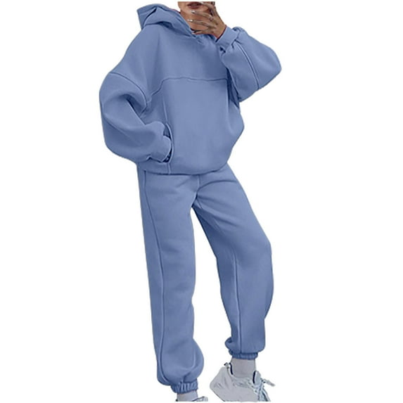 Women's Two Piece Outfits Sweatshirt Set Solid Color Hooded Pullover Casual Long Sleeve Fall Blue Sweatpants Tracksuit Lounge Sets S-2XL