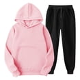 thumbnail image 1 of Women's Two Piece Outfits Sweatsuit Lounge Matching Sets,2024 Fall Winter Trendy Solid Color Hooded Track Suit Women Classic Long Sleeve Pullover Tops Casual Loose Drawstring Pockets Pants Jogger Set, 1 of 4