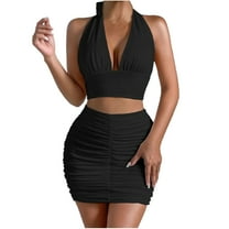 ZQUUVOU Women's Two Piece Outfits Twist Front Halter Cami Tops And Mini Skirt Summer Set Black