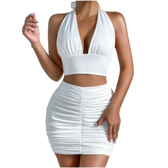 ZQUUVOU Women's Two Piece Outfits Twist Front Halter Cami Tops And Mini Skirt Summer Set White