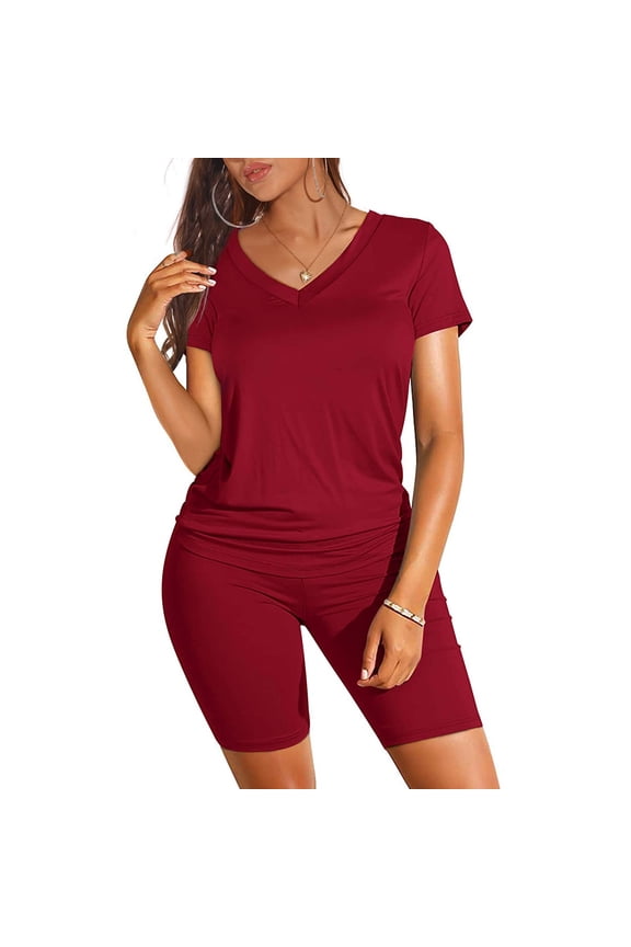 Women's Two Piece Outfits For Women Short Sleeve V Neck Shorts Set Ladies Swimsuits with Skirts Leather Shorts Suit plus Size Swimsuits for Women Lace Swimsuit Top Two Piece Shorts Swimsuits for Women