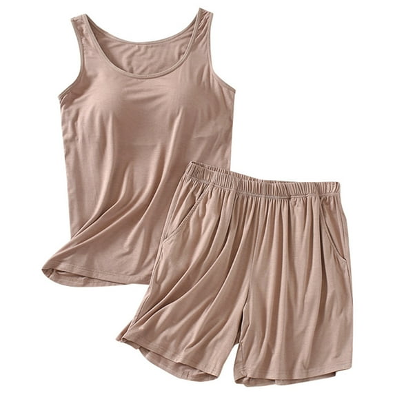 Women's Two-Piece Pajama Set - Tank Top with Built-in Bra & Shorts, Solid Color, Casual Loungwear for Spring/Summer