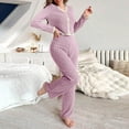 thumbnail image 1 of Women's Two-Piece Pajama Set with Ribbed Panel Button Top and Elastic Waist Straight Leg Pants, 1 of 4