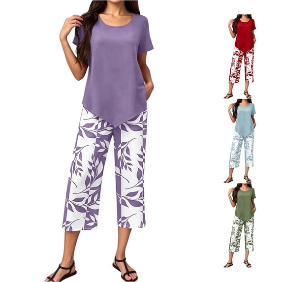 Women's Two Piece Pants Set Short Sleeve Top with High Waist Wide Leg Trousers Summer Outfit for Casual Chic Wear