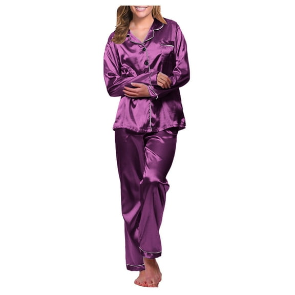 Women's Two Piece Robe Style Sleepwear Long Sleeve Satin Top with Pants Pajama Home Attire