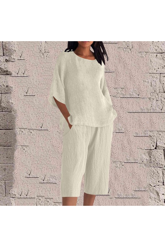 Women's Two Piece Set, Cotton Linen 3/4 Sleeve Crew Neck Top and High Waist Wide Leg Pants, Elegant Matching Lounge Set, Summer Casual and Vacation Outfit-Beige