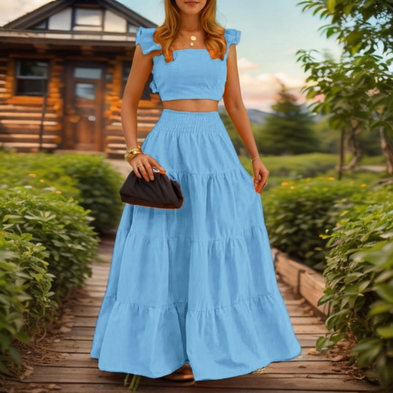 Tooayk Women's Two Piece Set Dress, Elegant Sexy Solid Color Mid Waist Outfit, Evening Cocktail Dress and Party Wear Matching Set-Sky Blue, Size