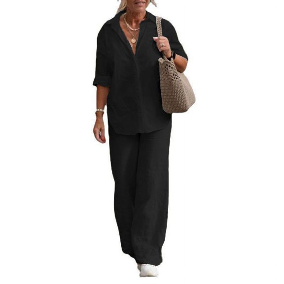 Women's Two-Piece Set Female 2024 Lapel Long Sleeve Shirt Spring/Summer Autumn Leisure Solid Color Pants Wide Leg Suit
