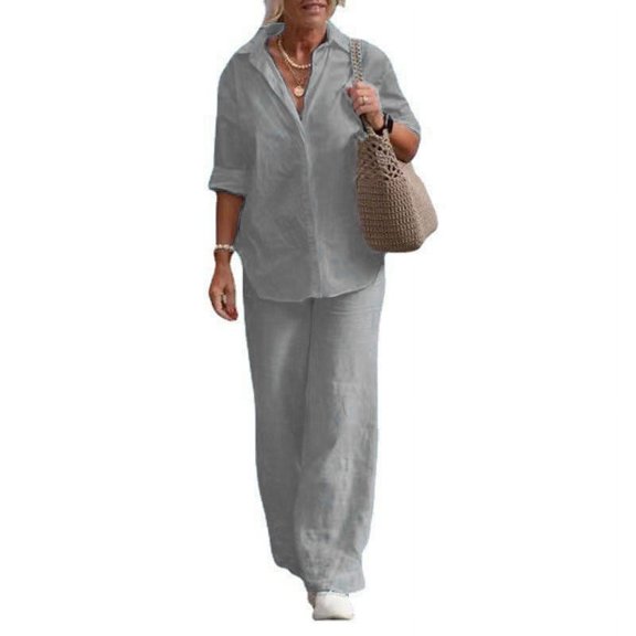 Women's Two-Piece Set Female 2024 Lapel Long Sleeve Shirt Spring/Summer Autumn Leisure Solid Color Pants Wide Leg Suit
