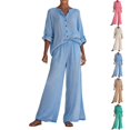 thumbnail image 1 of Women's Two Piece Set, Long Sleeve Button Down Shirt and Elastic Waist Wide Leg Pants, Matching Linen Blend Resort Wear, Beach Cover Up and Loungewear Set for Women-Green, 1 of 5
