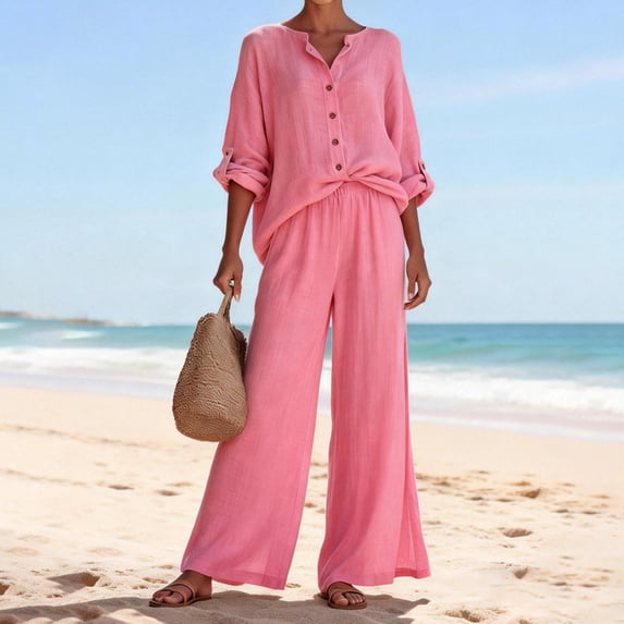 Women's Two Piece Set, Long Sleeve Button Down Shirt and Elastic Waist Wide Leg Pants, Matching Linen Blend Resort Wear, Beach Cover Up and Loungewear Set for Women-Pink