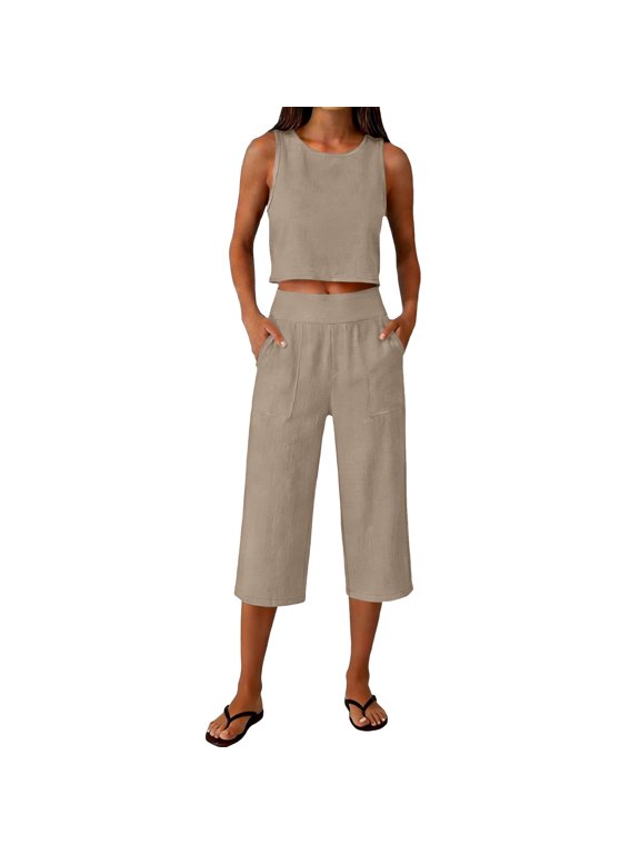 Women's Two Piece Set Sleeveless Crop Top and High Waist Culottes Cotton Linen Blend Loungewear Casual Summer Matching Set for Vacation Khaki 2XL