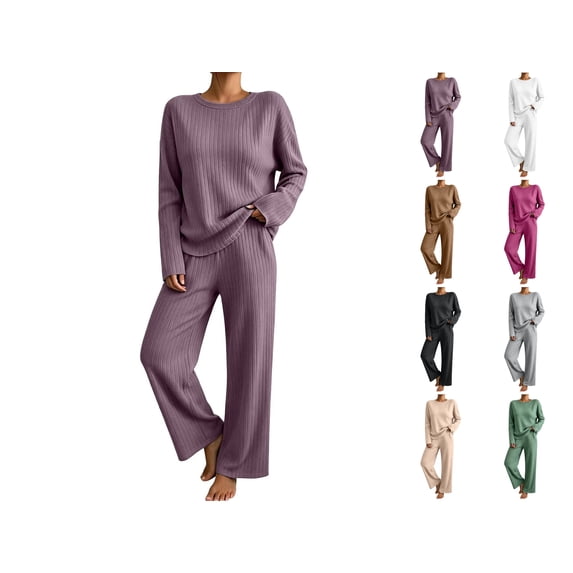 Women's Two-Piece Set Solid Color Crew-Neck Top & Pants Fall Winter Oversize Workout Sport Gym Vacation Travel Casual Comfortable Sweatshirt Sets Wide Leg Lounge Pants Set