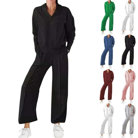 Women's Two-Piece Set Solid Color V-Neck Top & Pants Fall Winter Oversize Workout Sport Gym Vacation Travel Casual Comfortable Sweatshirt Sets Wide Leg Lounge Pants Set