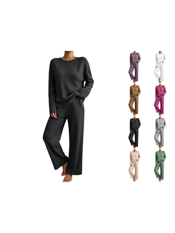Women's Two-Piece Set Solid Color Crew-Neck Top & Pants Fall Winter Oversize Workout Comfortable Sweatshirt Sets for Women