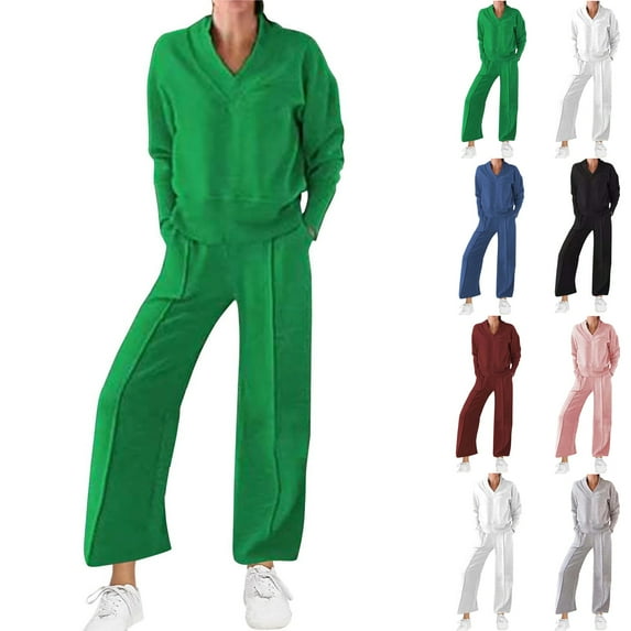 Women's Two-Piece Set Solid Color V-Neck Top & Pants Fall Winter Oversize Workout Sport Gym Vacation Travel Casual Comfortable Sweatshirt Sets Wide Leg Lounge Pants Set