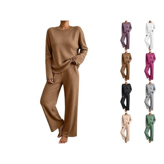 Women's Two-Piece Set Solid Color Crew-Neck Top & Pants Fall Winter Oversize Workout Comfortable Sweatshirt Sets for Women