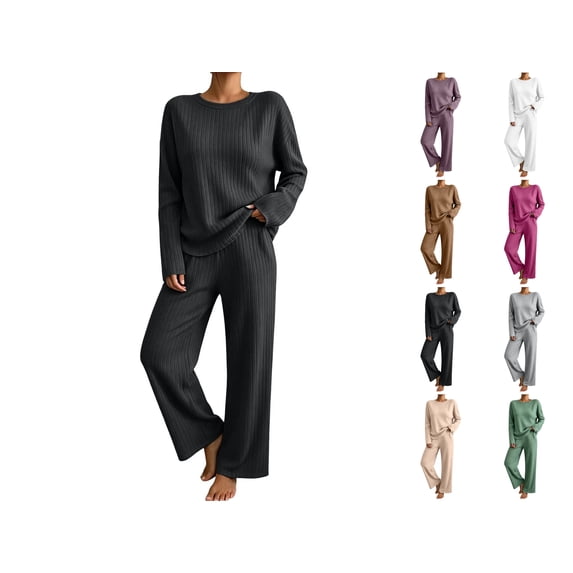 Women's Two-Piece Set Solid Color Crew-Neck Top & Pants Fall Winter Oversize Workout Comfortable Sweatshirt Sets for Women